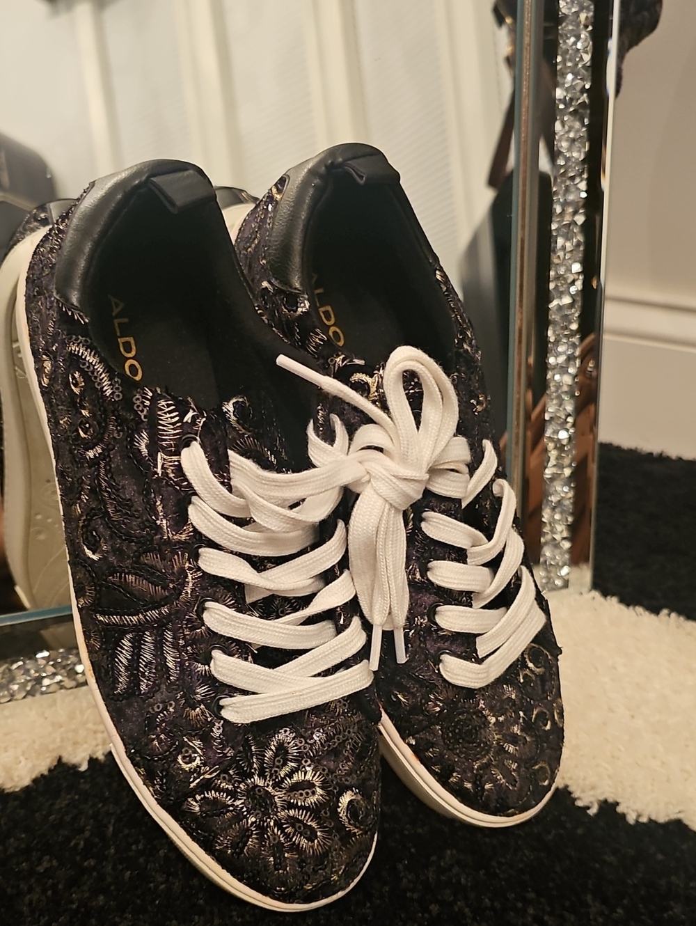 ALDO Black Embroidered Lace-Up Sneakers with White Laces
